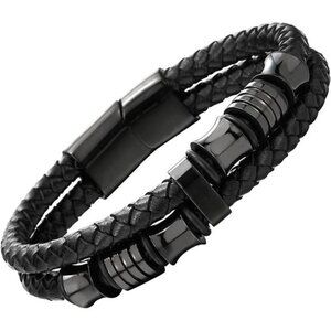Mens Double-Row Braided Leather Bracelet Bangle Wristband Trendy